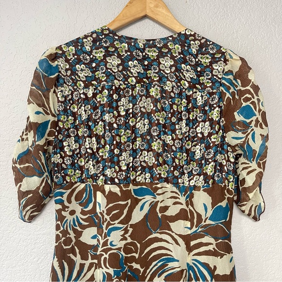 Anna Sui Dress Maxi Midi‎ Ruched Cinched Silk V Neck Brown Floral Women Size 10 - Picture 6 of 9